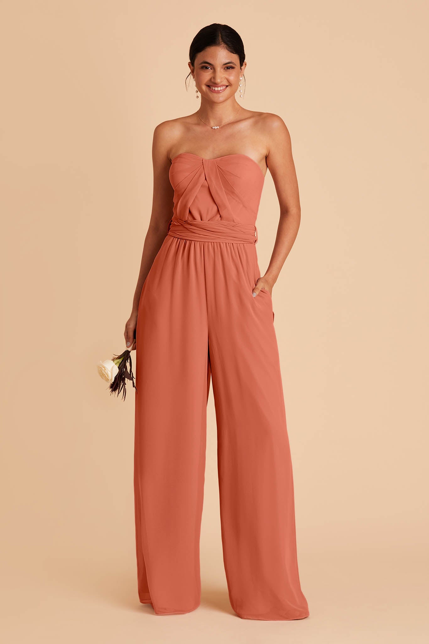 Light orange wedding jumpsuit with sweetheart bodice with convertible neckline