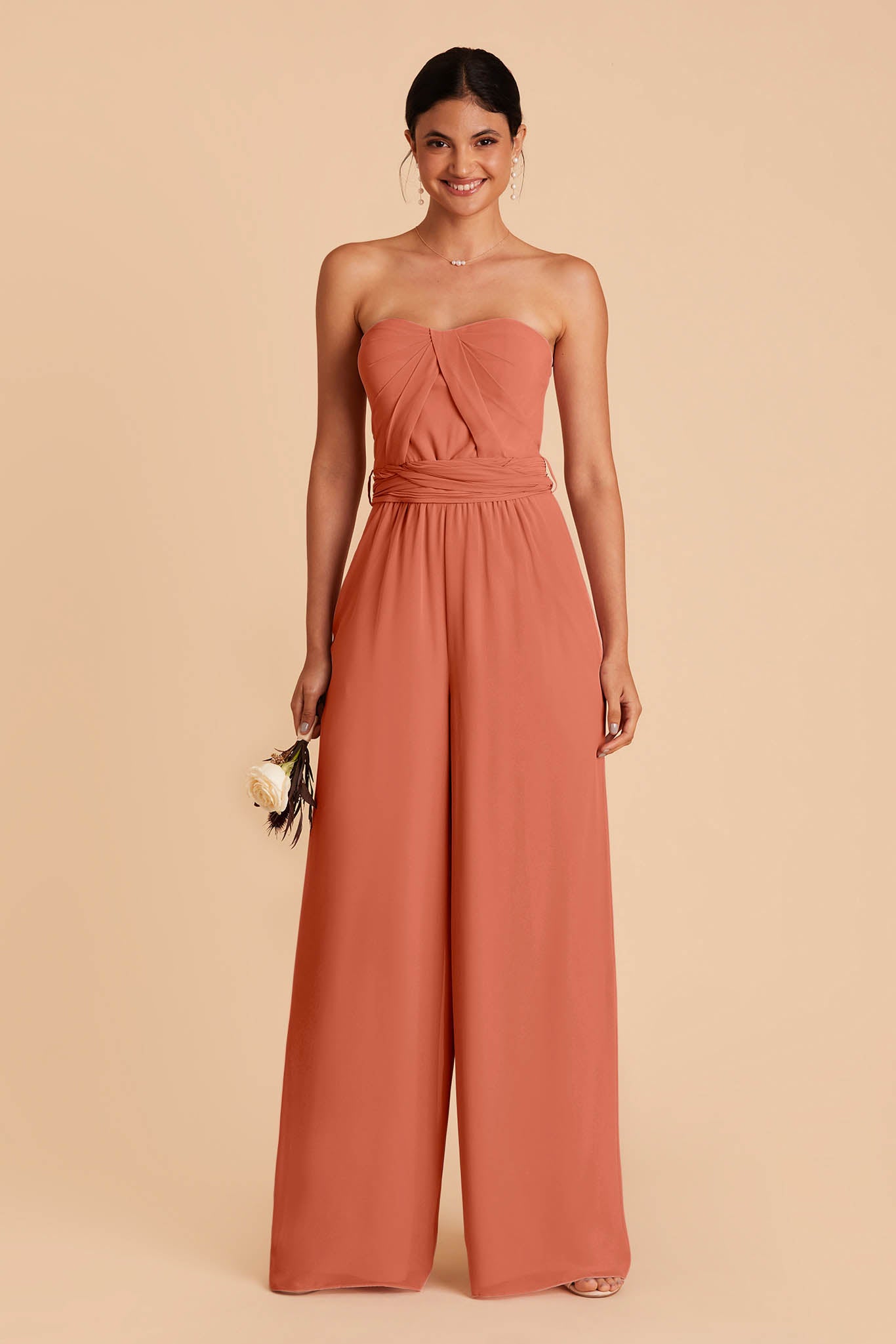 Light orange wedding jumpsuit with sweetheart bodice with convertible neckline