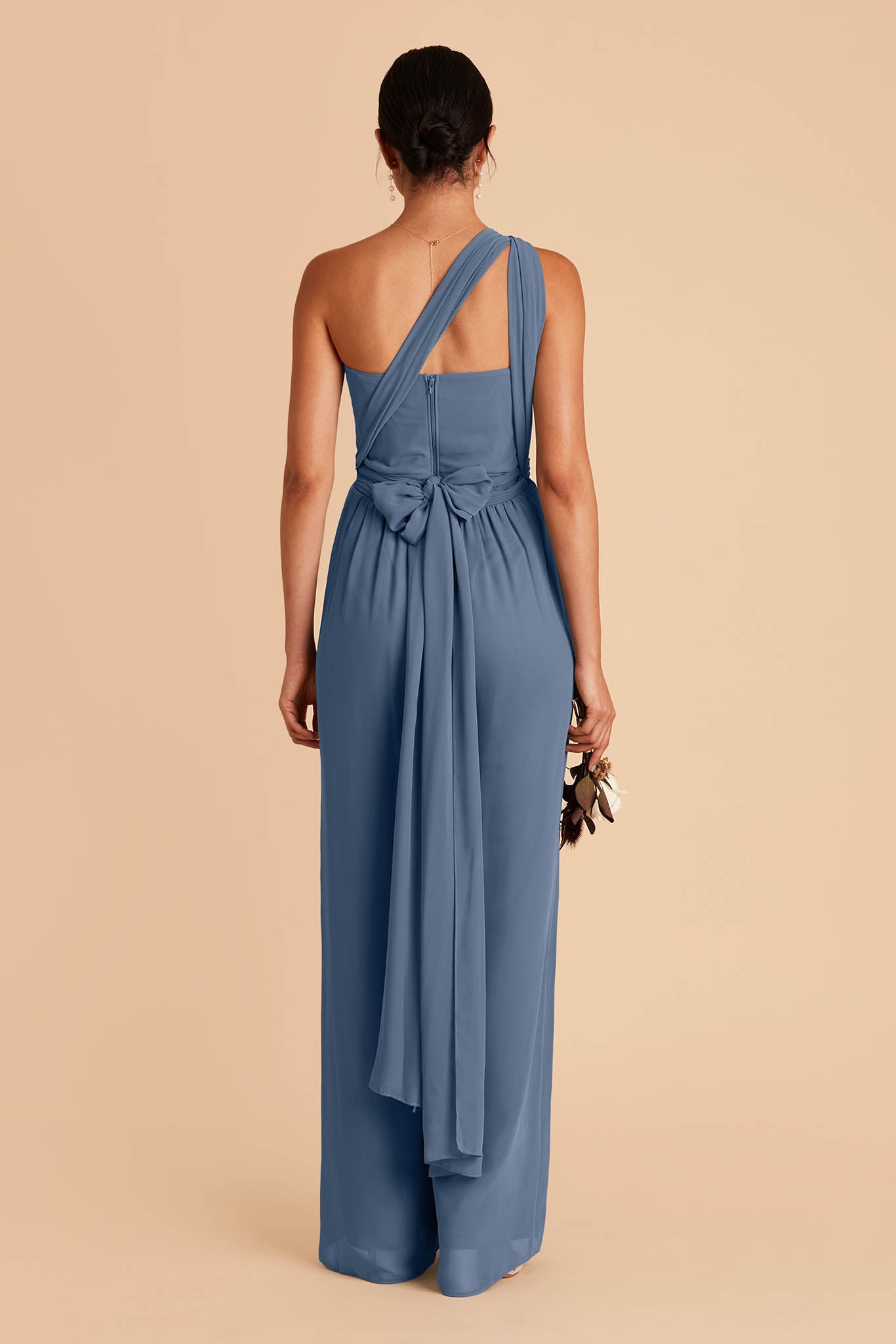 Medium blue wedding jumpsuit with sweetheart bodice with convertible neckline tied in the back